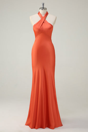 Orange Mermaid Cross Halter Open Back Long Bridesmaid Dress